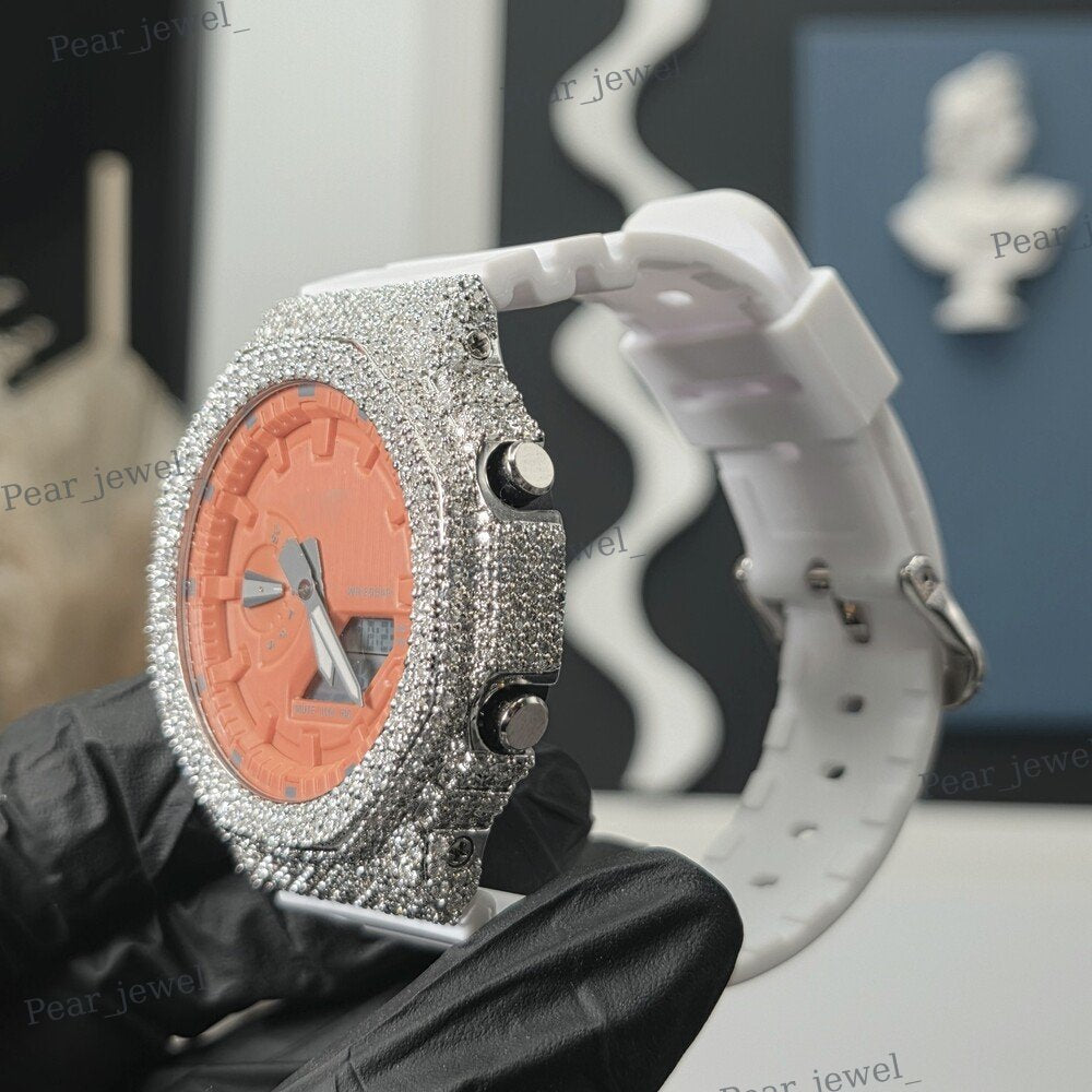 Iced Out Orange Case Dial Round Cut VVS Moissanite Diamond Digital Wrist Watch