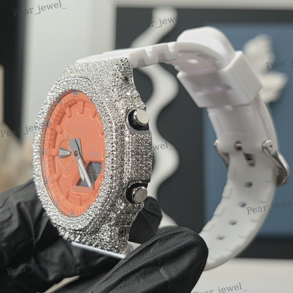 Iced Out Orange Case Dial Round Cut VVS Moissanite Diamond Digital Wrist Watch