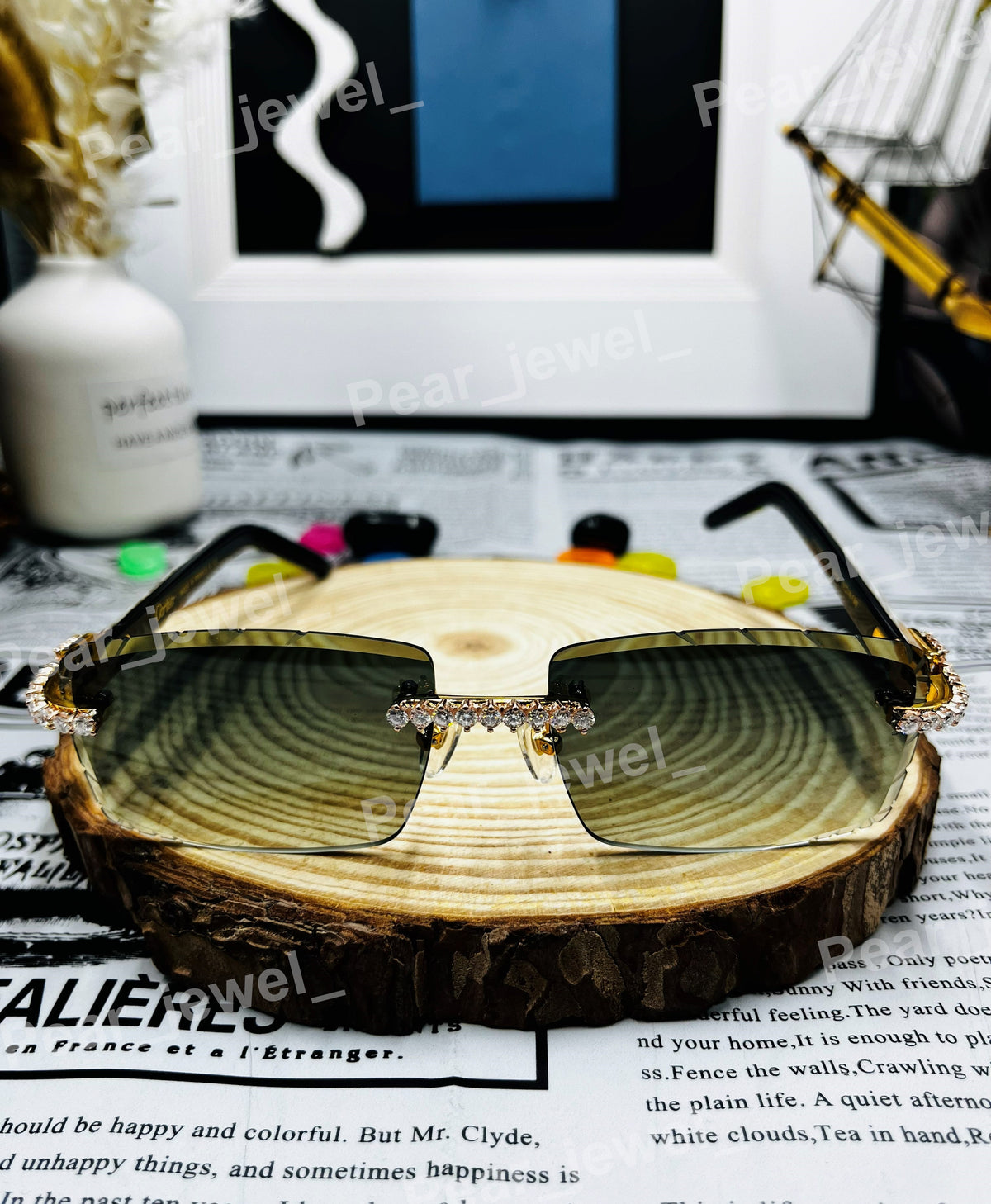 Moissanite Diamond Green Grediant Glasses Iced Out Hip Hop Luxury Statement Sunglasses