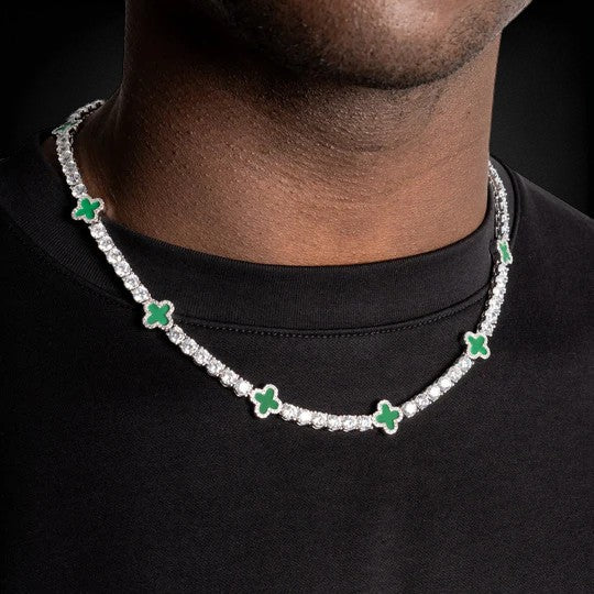 Iced Out 925 Silver Clover Leaf Moissanite Tennis Chain