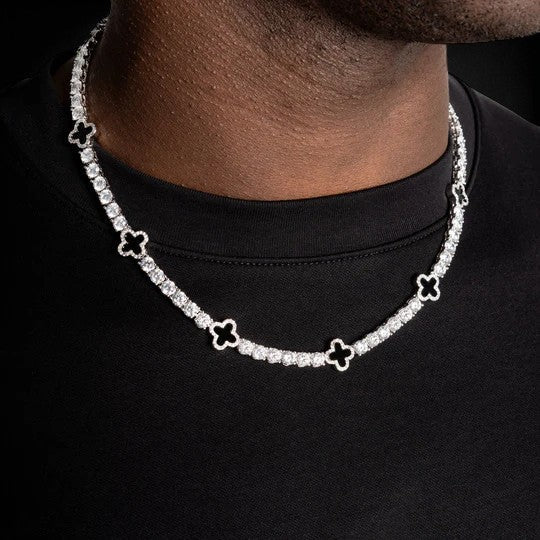 Iced Out 925 Silver Clover Leaf Moissanite Tennis Chain