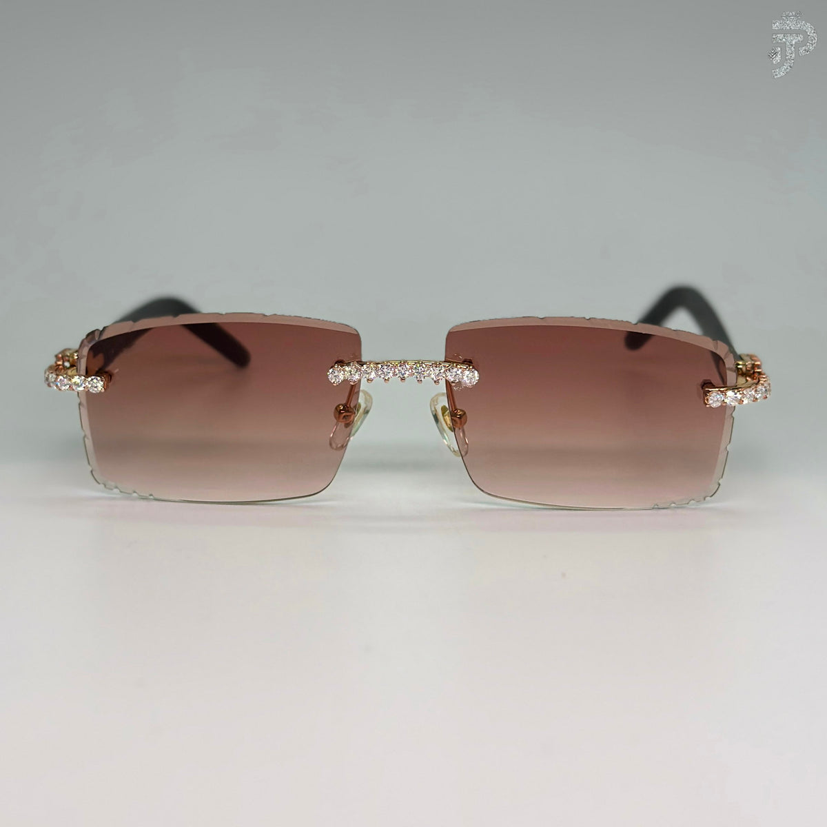 Brown Gradiant Glasses With VVS Round Brilliant Cut Stone & Black Frame