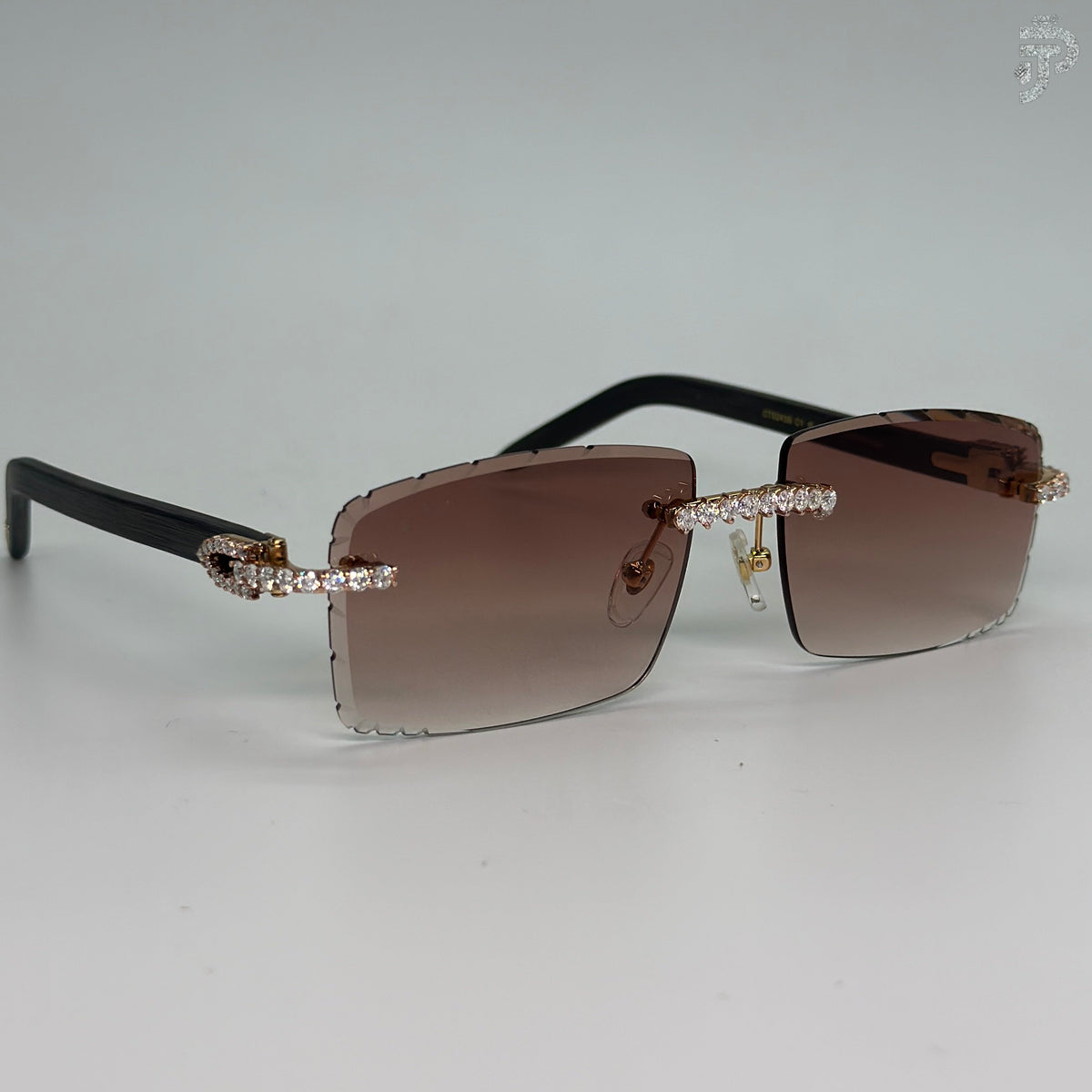 Brown Gradiant Glasses With VVS Round Brilliant Cut Stone & Black Frame