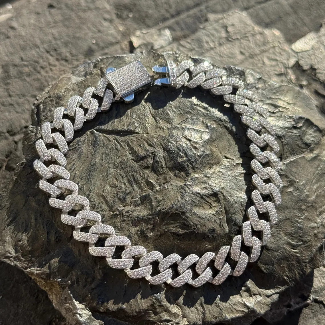 Iced Out 925 Silver Cuban Link VVS Round Cut Moissanite Diamond Bracelet