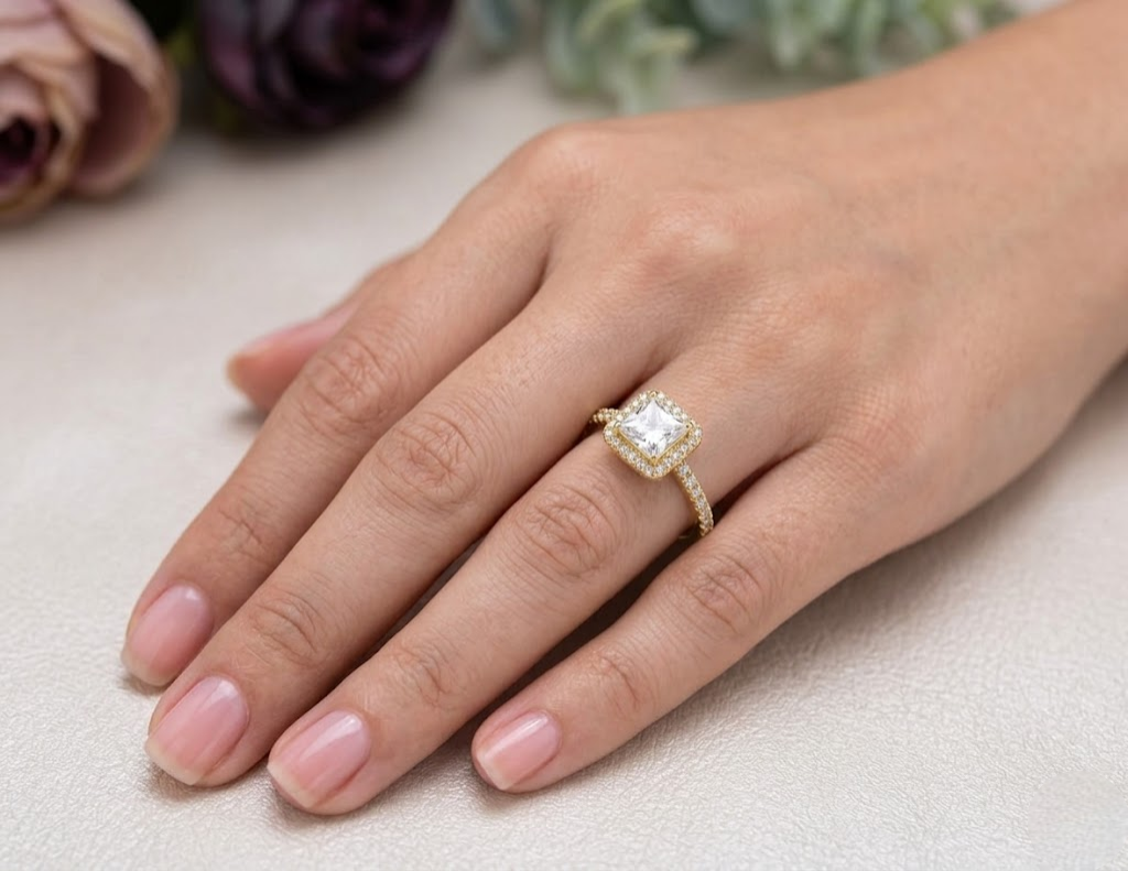 Classy 925 Silver Princess Cut VVS Moissanite Side Stone Engagement Ring