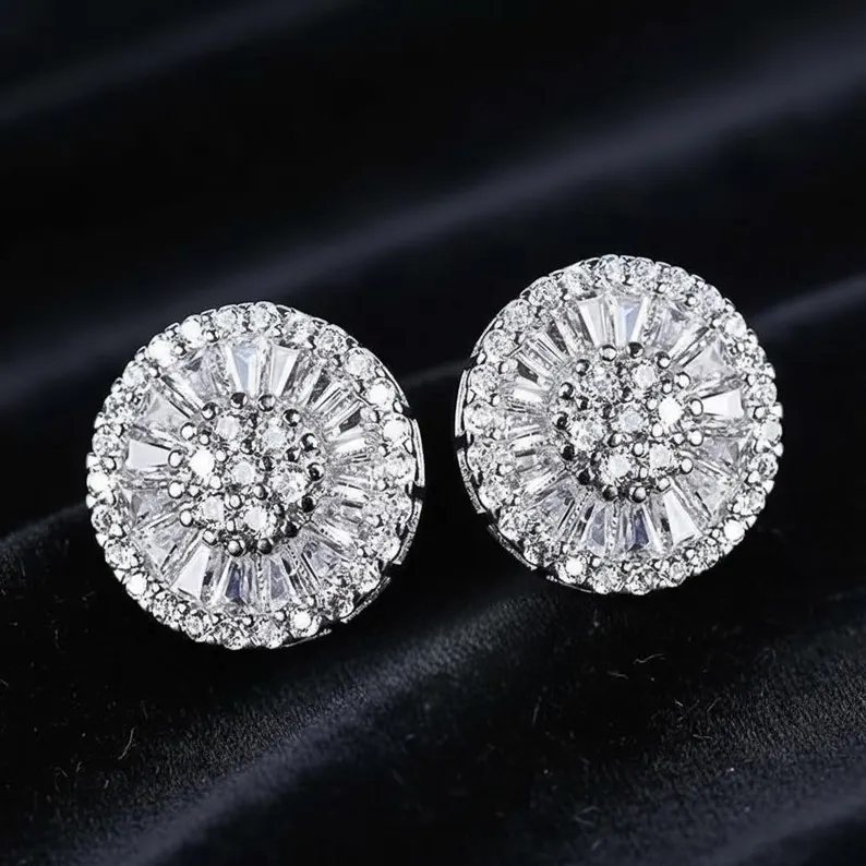 Silver Moissanite Diamond Iced Floral Stud Earring Set