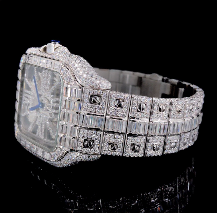 Iced Out Bust Down Stainless Steel Baguette Moissanite Diamond Cartier Watch