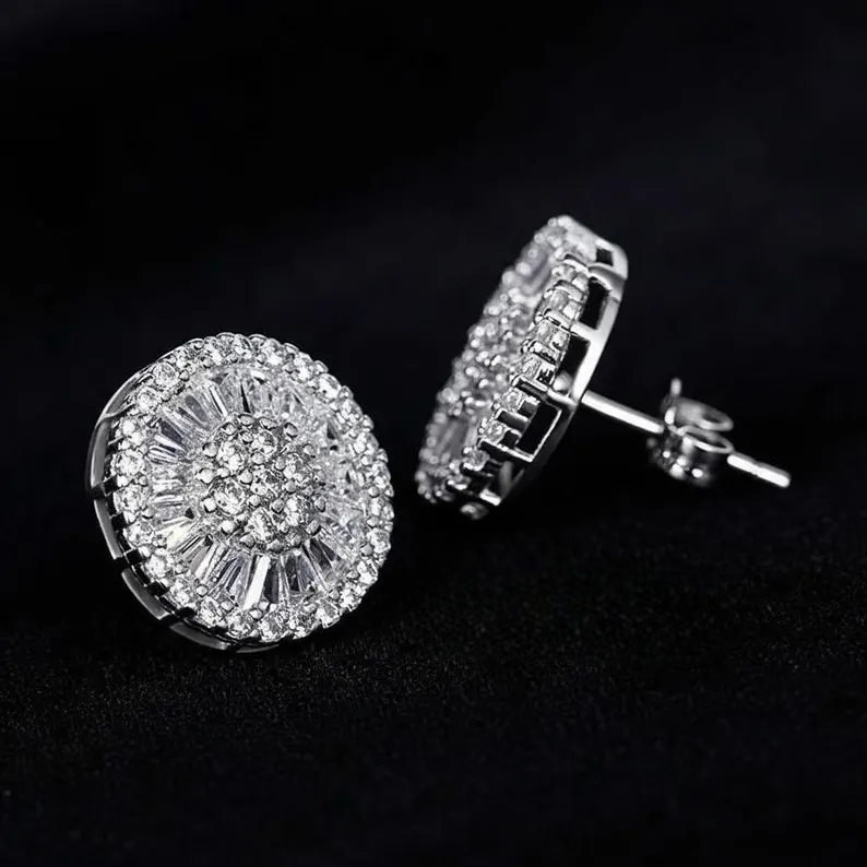 Silver Moissanite Diamond Iced Floral Stud Earring Set