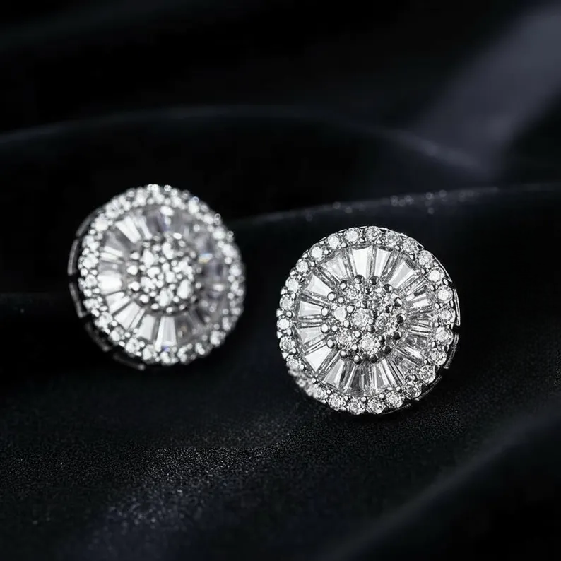 Silver Moissanite Diamond Iced Floral Stud Earring Set