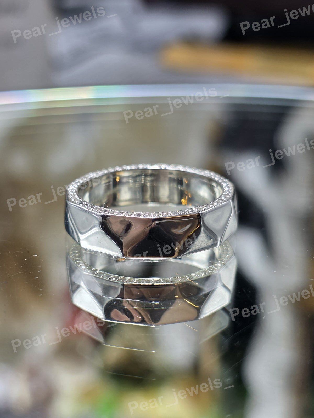 Silver Geometric Band Design In Side Round Diamond Wide Band