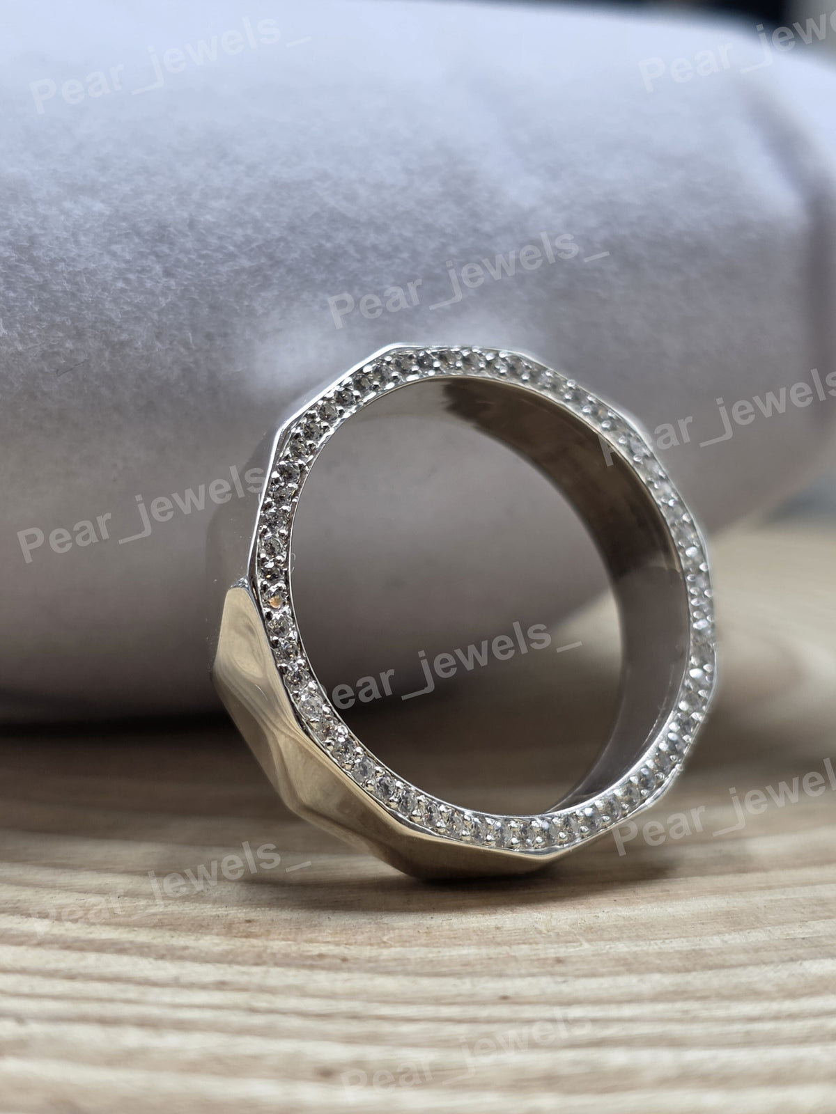 Silver Geometric Band Design In Side Round Diamond Wide Band