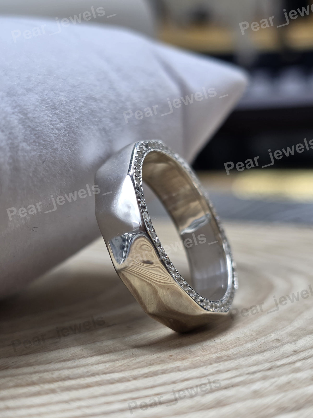 Silver Geometric Band Design In Side Round Diamond Wide Band