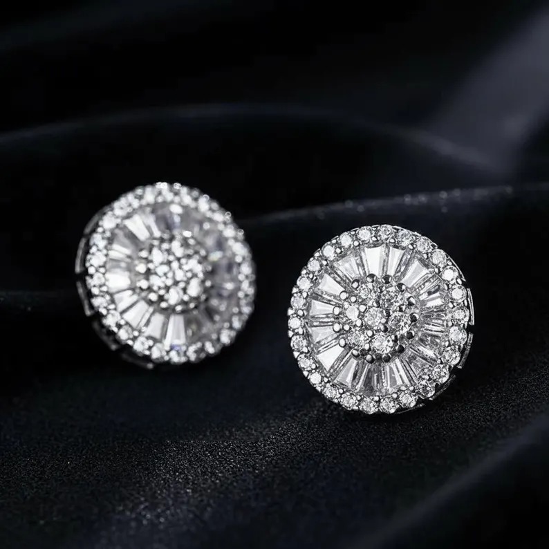 Silver Moissanite Diamond Iced Floral Stud Earring Set