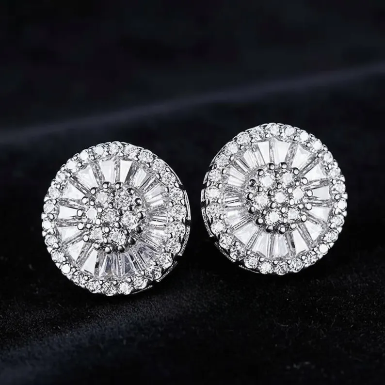 Silver Moissanite Diamond Iced Floral Stud Earring Set
