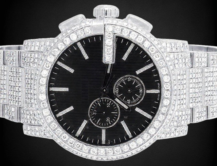 Stainless Steel Iced Out VVS Moissanite Diamond Black Dial Wrist Watch
