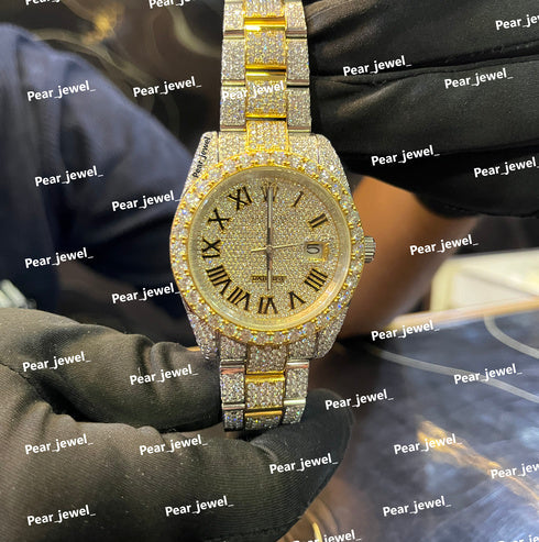 Iced Out Moissanite Diamond Watch Stainless Steel Roman Dial Luxury Bling Wrist Watch