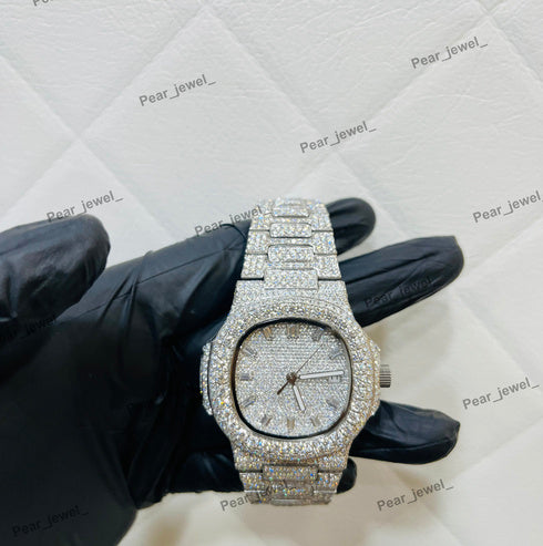 Hip Hop Iced Out Moissanite Diamond Square Dial Stainless Steel Luxury Watch