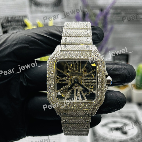 Iced Out Skeleton Stainless Steel VVS Moissanite Diamond Wrist Watch