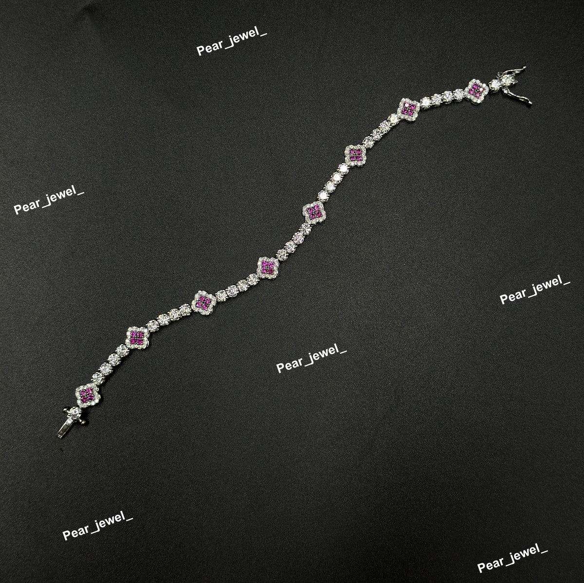 Pink Accent Iced Out Clover Tennis Bracelet VVS moissanite Diamond Jewelry