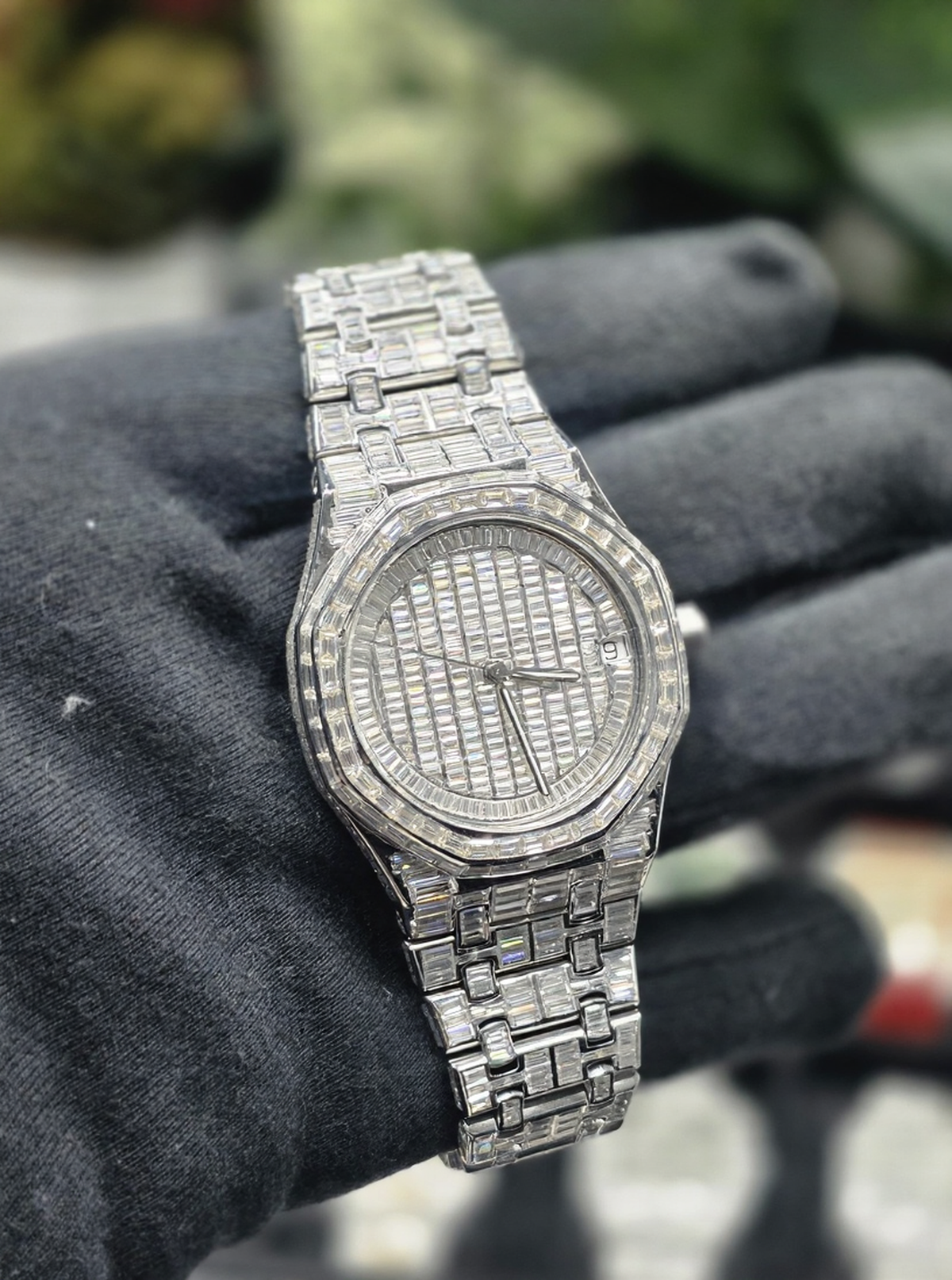 Iced Out VVS Fully Baguette Moissanite Stainless Steel Wrist Watch