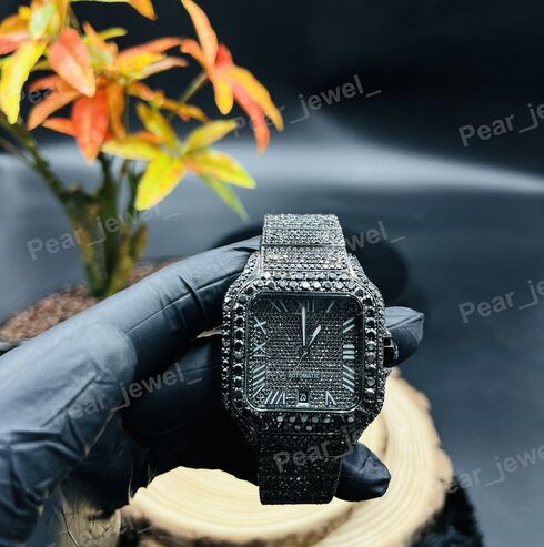 Black VVS Moissanite Diamond Hip Hop Bling Wrist Watch In Stainless Steel
