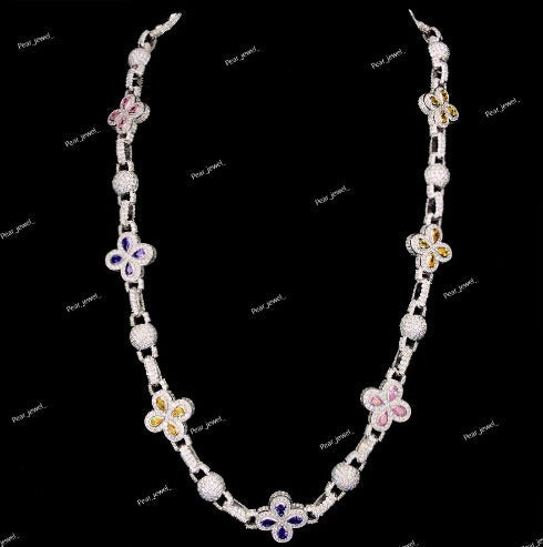 Luxury Floral Design Necklace With Multicolor 925 Silver Moissanite Diamond