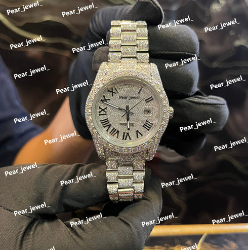 Iced Out Stainless Steel Roman Dial Watch Moissanite Diamond Luxury Wrist Watch