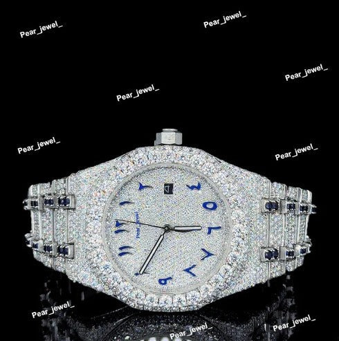 Stainless Steel Iced Out Blue Arabic Dial Moissanite Watch