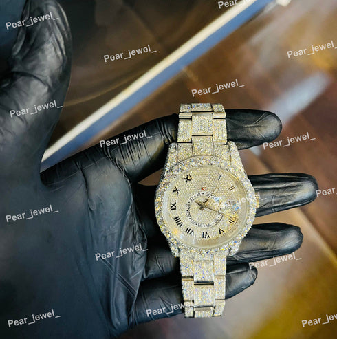 Iced Out Moissanite Diamond Roman Dial Stainless Steel Hip Hop Wrist Watch