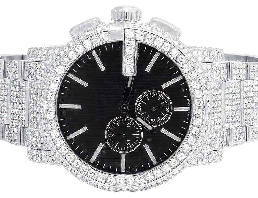 Stainless Steel Iced Out VVS Moissanite Diamond Black Dial Wrist Watch