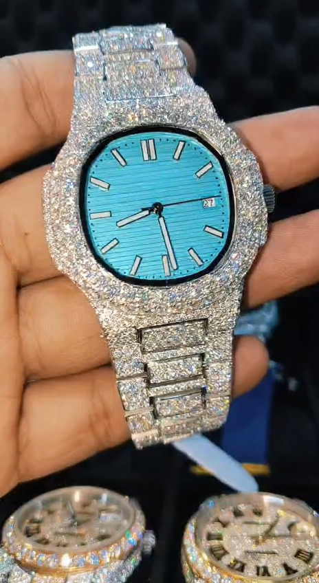 Blue Dial Iced Out Stainless Steel VVS Moissanite Diamond Watch