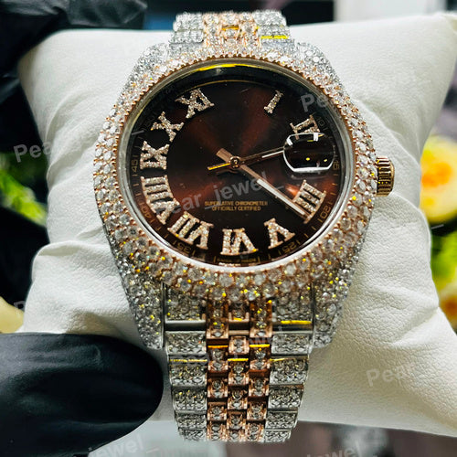 Iced Out Brown Roman Case Dial Moissanite Diamond Bust Down Watch