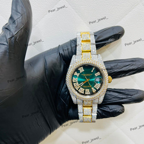 Luxury Iced Out Stainless Steel Green Dial Roman Numeral Watch For Man
