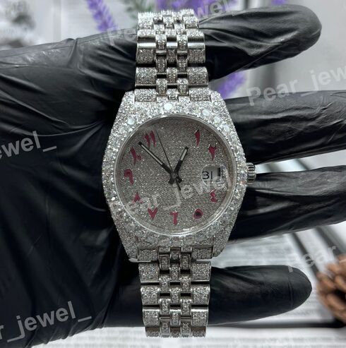 VVS Moissanite Diamodn Iced Out Arabic Case Dial Stainless Steel Wrist Watch