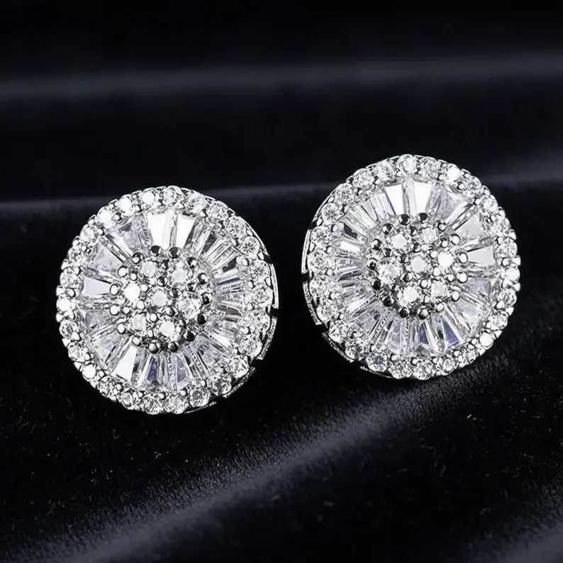 Silver Moissanite Diamond Iced Floral Stud Earring Set