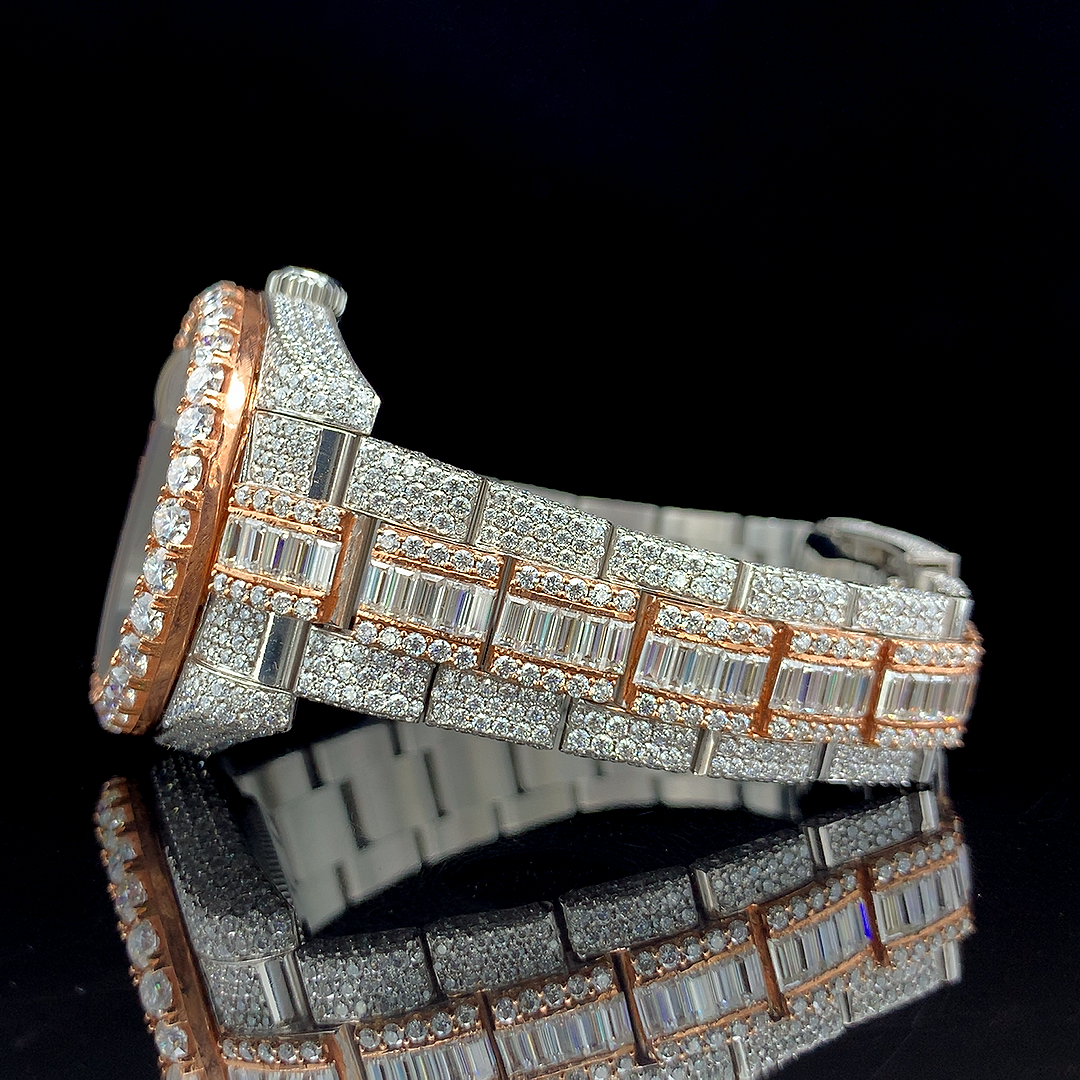 Iced Out Stainles Steel With VVS Moissanite Baguette Diamond Wrist Watch