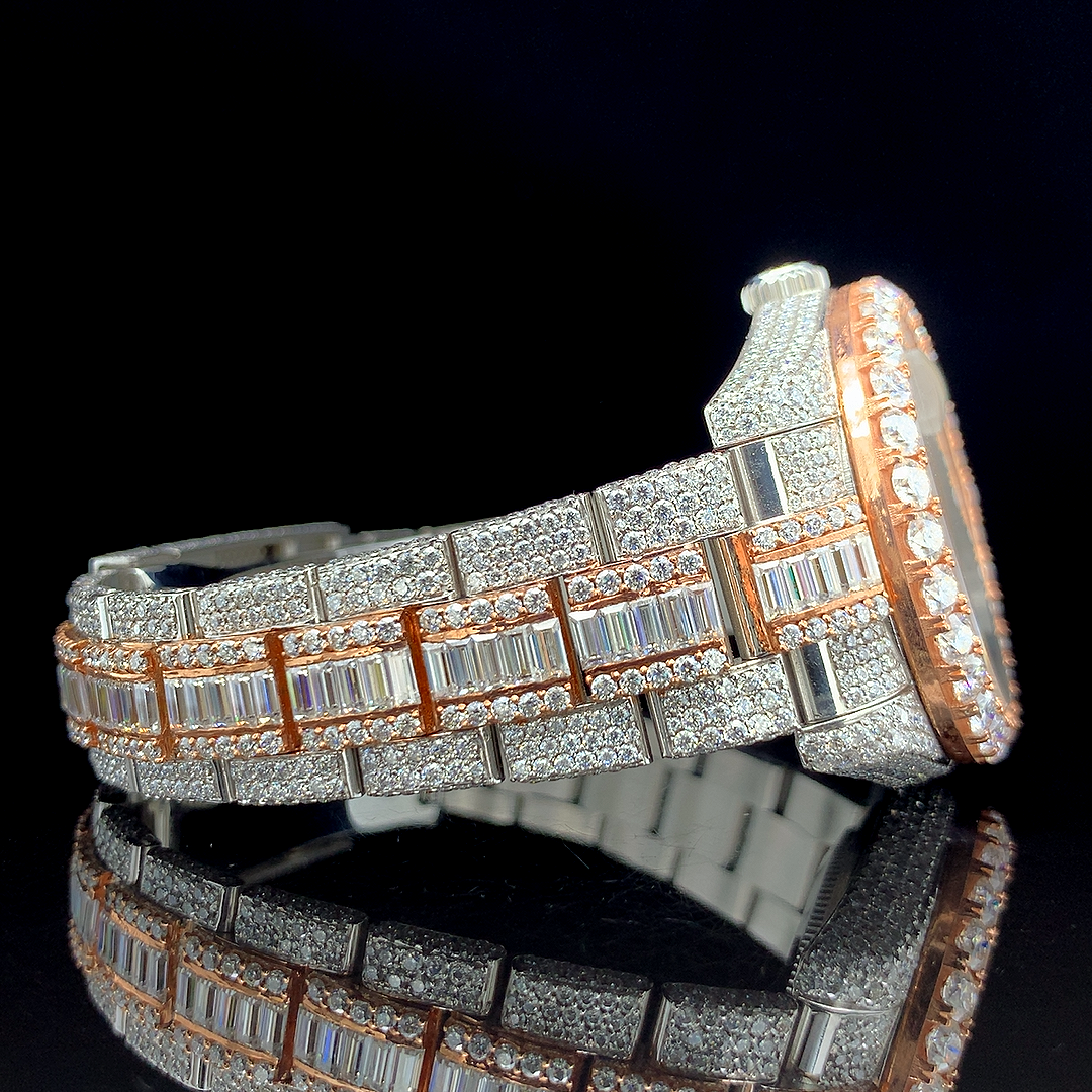 Iced Out Stainles Steel With VVS Moissanite Baguette Diamond Wrist Watch