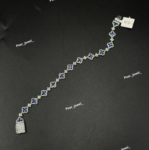 Dark Blue Accent Iced Out Clover Bracelet VVS Moissanite Dimaond Silver Shine