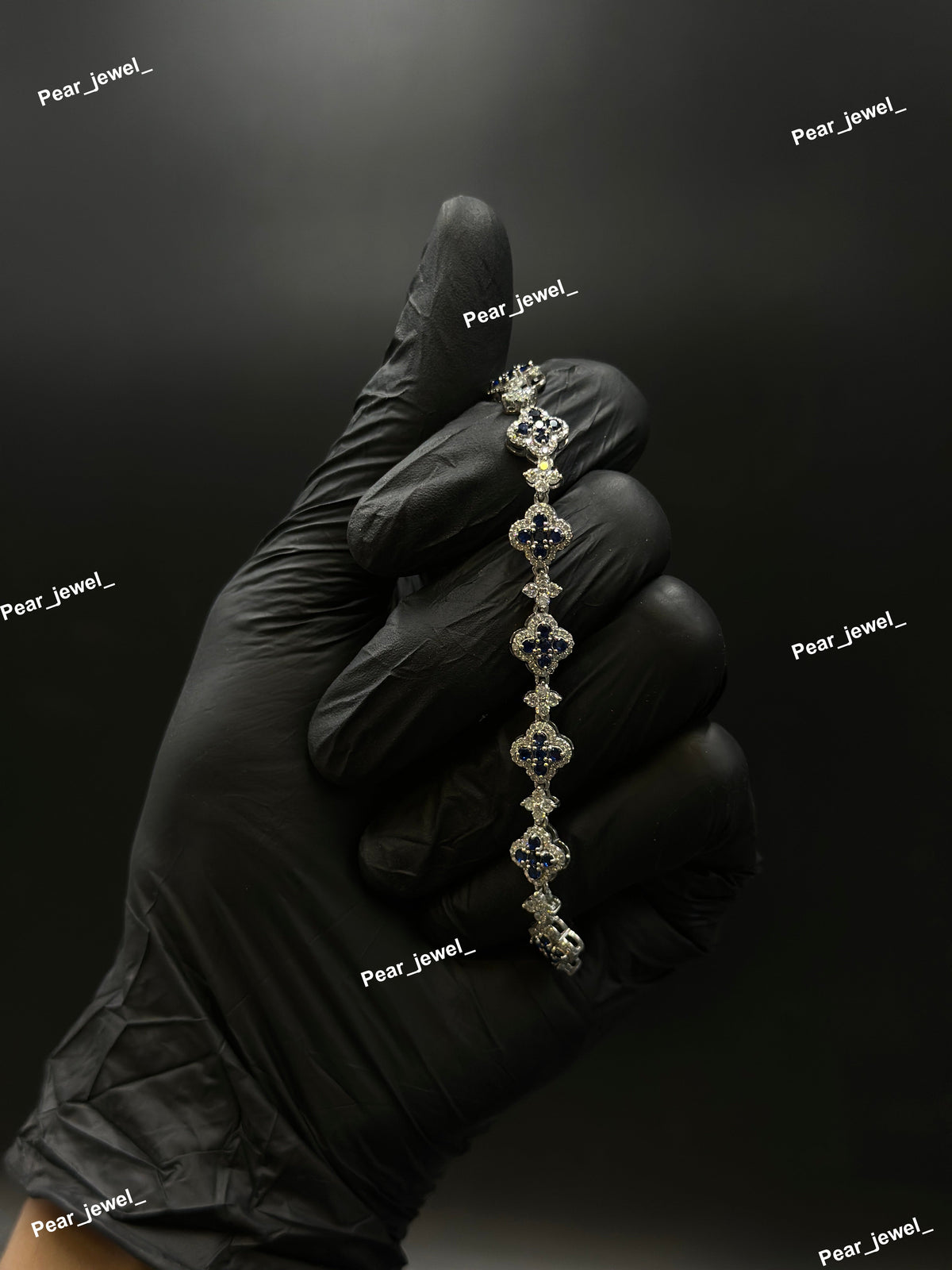 Dark Blue Accent Iced Out Clover Bracelet VVS Moissanite Dimaond Silver Shine