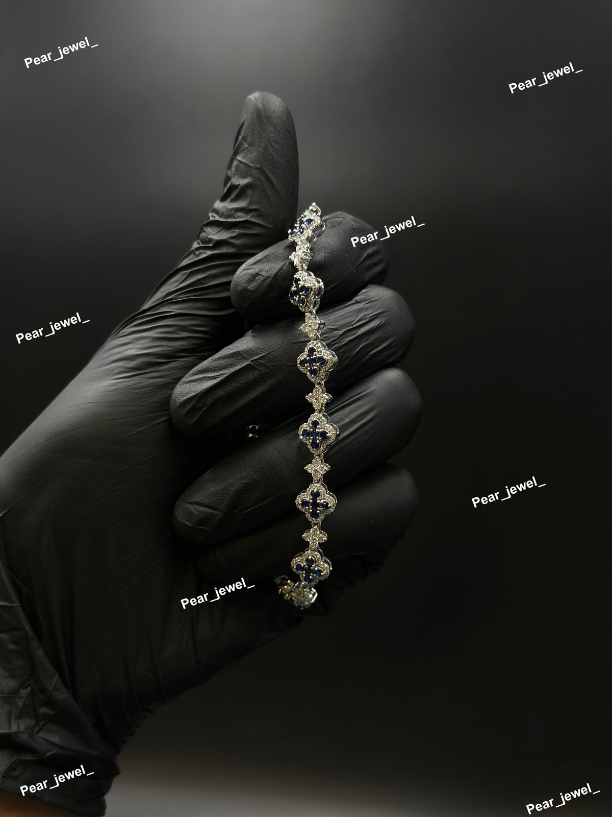 Dark Blue Accent Iced Out Clover Bracelet VVS Moissanite Dimaond Silver Shine