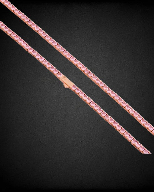 Iced Out VVS Pink Round Tennis Chain With 925 Silver