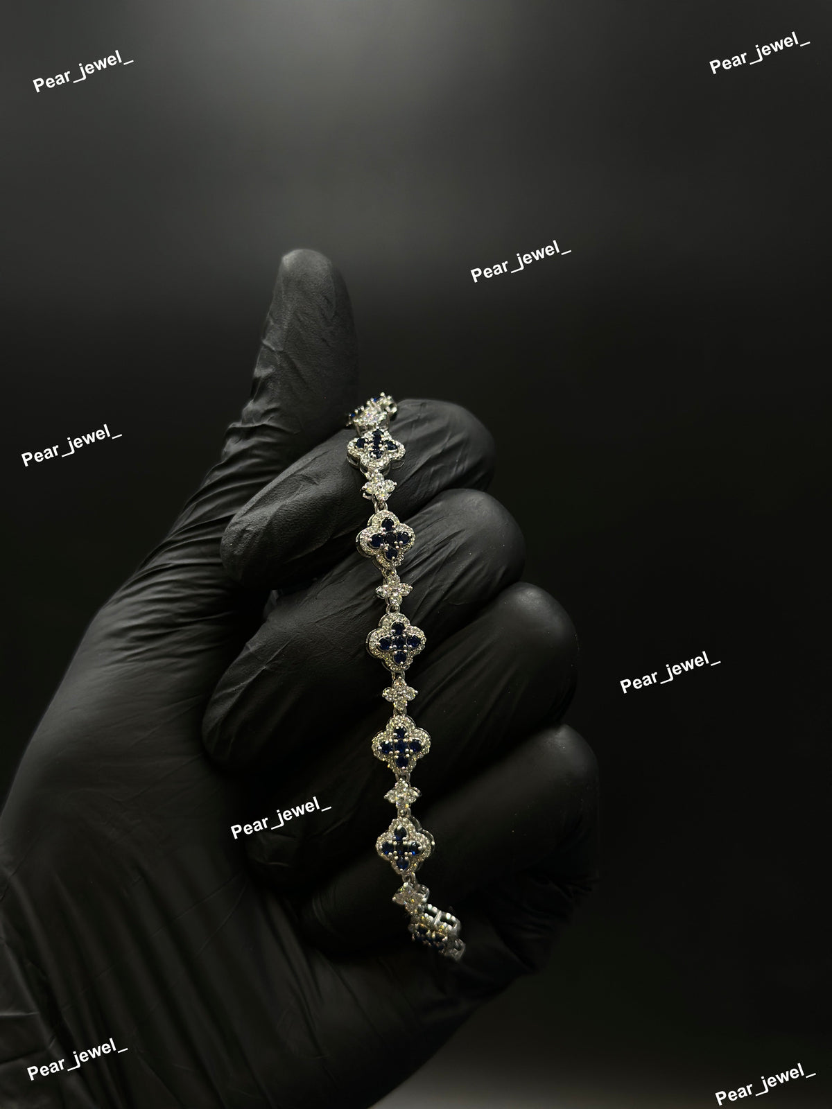 Dark Blue Accent Iced Out Clover Bracelet VVS Moissanite Dimaond Silver Shine