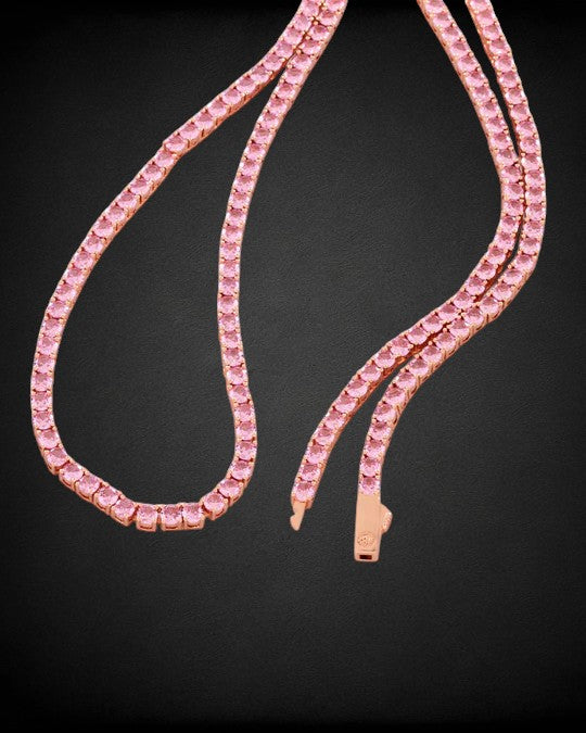 Iced Out VVS Pink Round Tennis Chain With 925 Silver