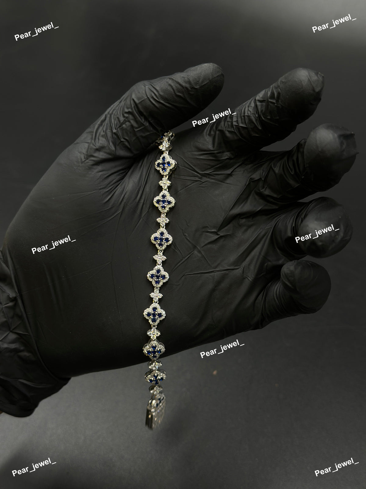 Dark Blue Accent Iced Out Clover Bracelet VVS Moissanite Dimaond Silver Shine