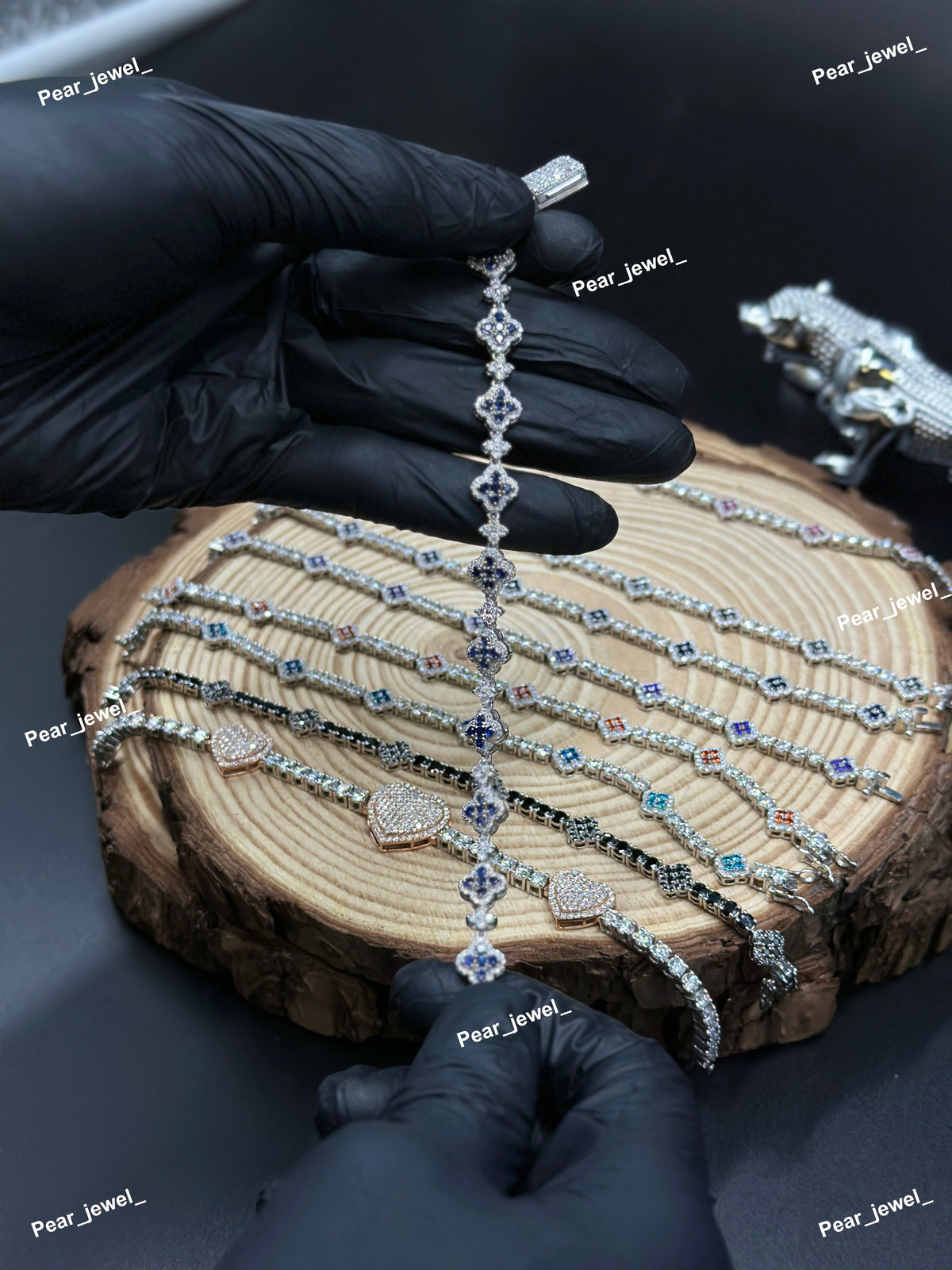 Dark Blue Accent Iced Out Clover Bracelet VVS Moissanite Dimaond Silver Shine