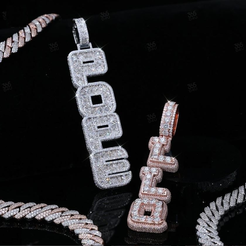 925 Sterling Silver Moissanite Diamond Custome Vertical Name Pendant