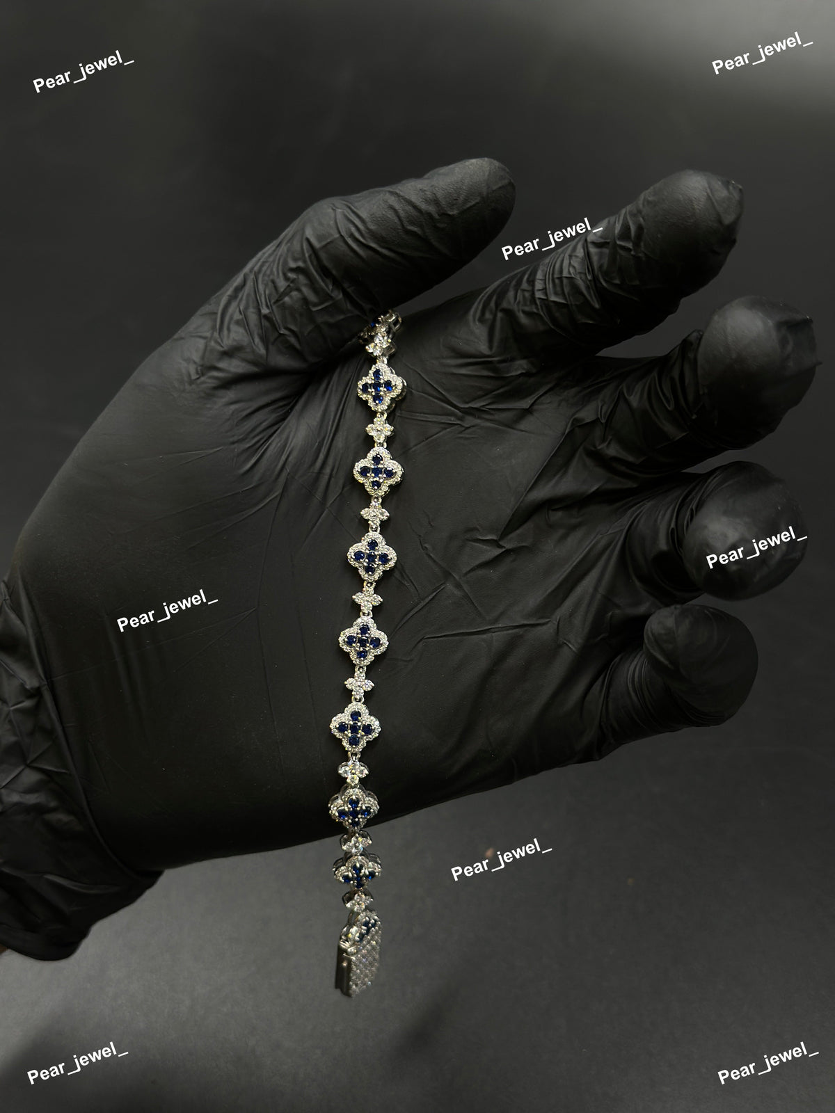 Dark Blue Accent Iced Out Clover Bracelet VVS Moissanite Dimaond Silver Shine