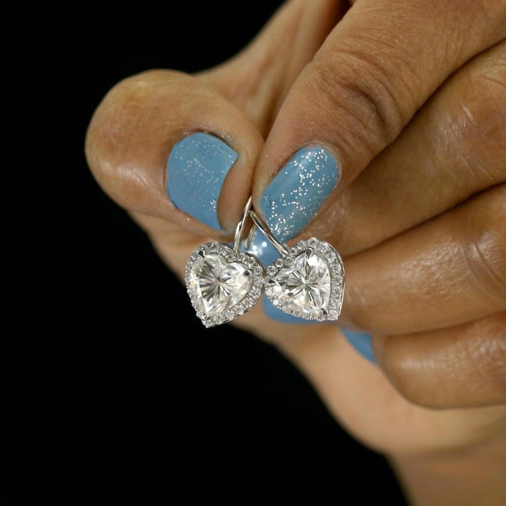 925 Sterling Silver VVS Moissanite Diamond Heart Cut Earring