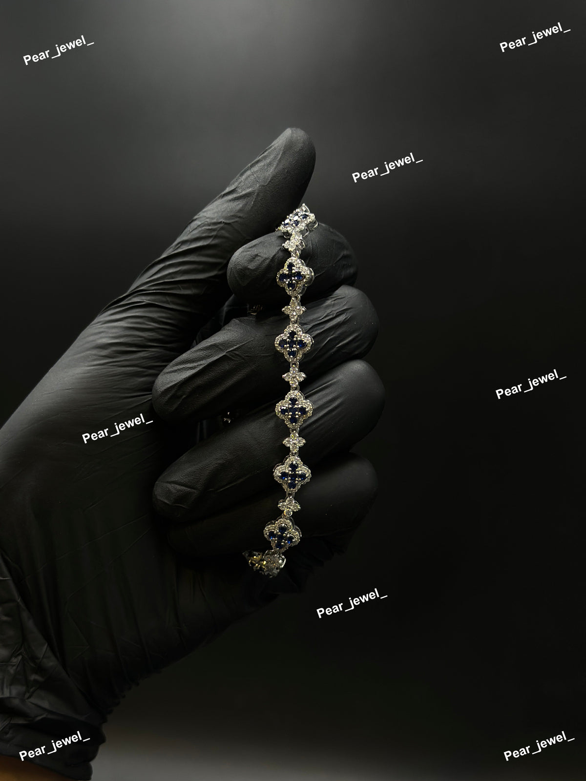 Dark Blue Accent Iced Out Clover Bracelet VVS Moissanite Dimaond Silver Shine