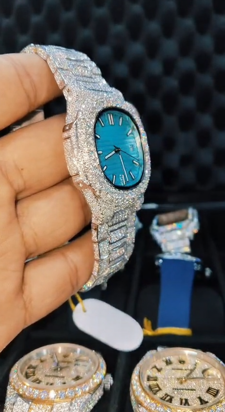 Blue Dial Iced Out Stainless Steel VVS Moissanite Diamond Watch